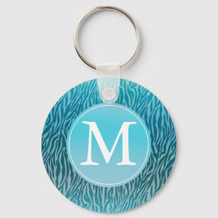 Aqua Ombre Zebra Print Monogram Key Ring
