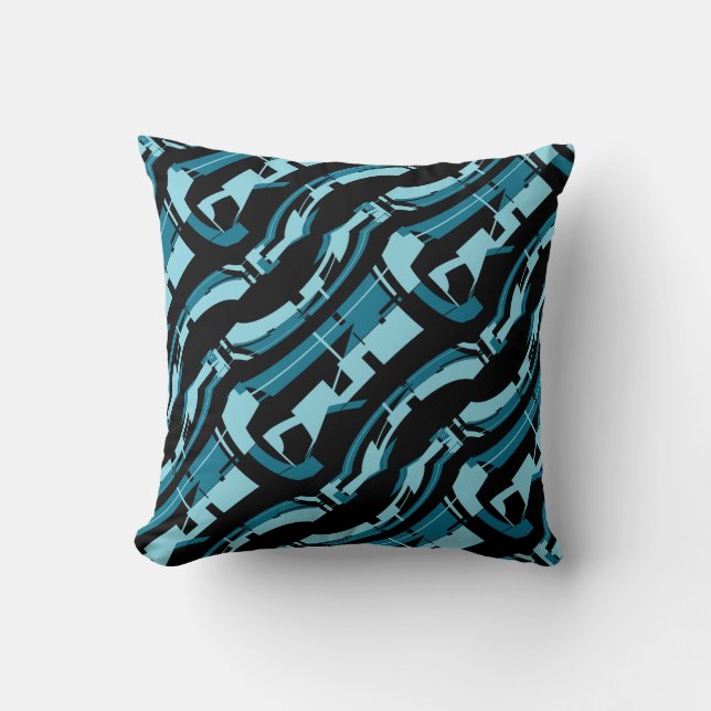 Aqua on Black Bold Diagonal Pattern Art Print Cushion (Front)