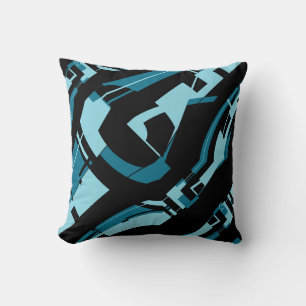 Aqua on Black Bold Diagonal Shapes Art Design Cushion