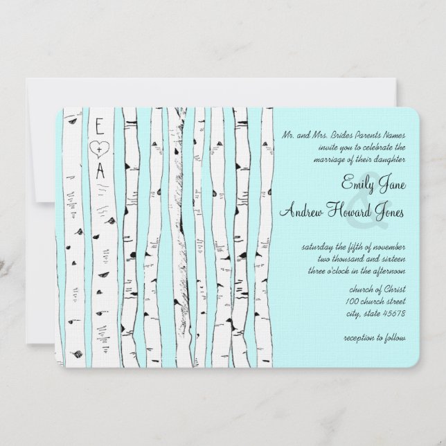 Aqua OR ANY COLOR Birch Tree Wedding Invitations (Front)