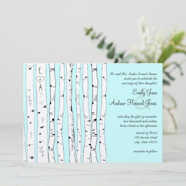 Aqua OR ANY COLOR Birch Tree Wedding Invitations (Standing Front)