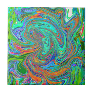 Aqua, Orange and Green Groovy Abstract Retro Art Ceramic Tile
