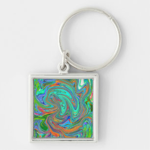 Aqua, Orange and Green Groovy Abstract Retro Art Key Ring