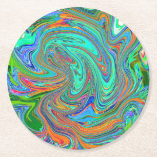 Aqua, Orange and Green Groovy Abstract Retro Art Round Paper Coaster