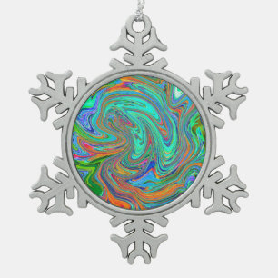 Aqua, Orange and Green Groovy Abstract Retro Art Snowflake Pewter Christmas Ornament