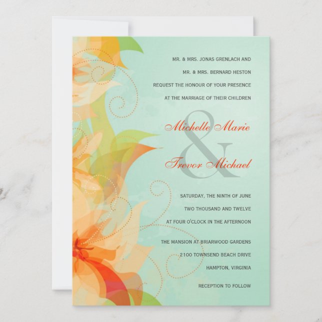 Aqua Orange Floral Formal Wedding Invitations (Front)