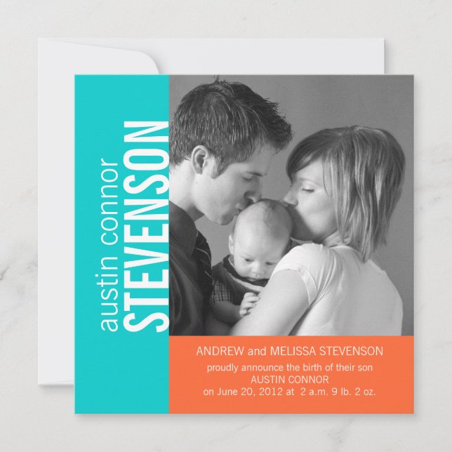 Aqua Orange Modern Baby Boy Birth Announcement (Front)