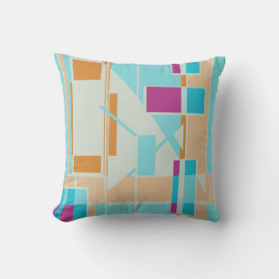 Aqua Orange Off-White Magenta Geometric Art Motif Cushion