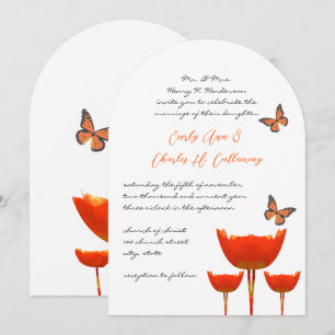 Aqua Orange Poppies Butterflies Wedding Invitation