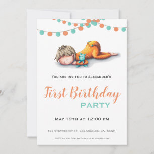 Aqua Orange Sleeping Boy Garland First Birthday Invitation