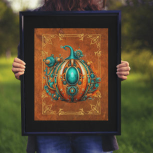 Aqua & Orange Steampunk Pumpkin Digital Art Poster