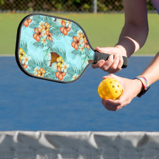 AQUA ORANGE YELLOW TROPICAL FLOWERS & DRINKS PICKLEBALL PADDLE