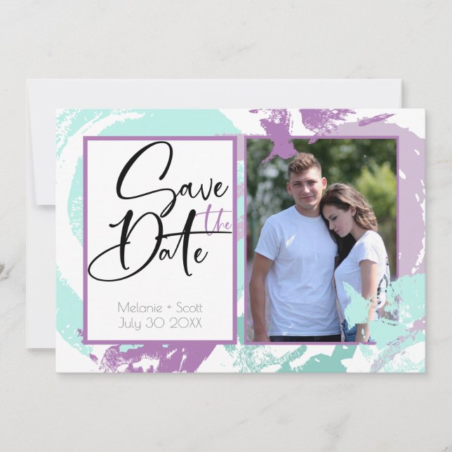 Aqua Orchid Abstract Brush Strokes Save the Date Invitation (Front)