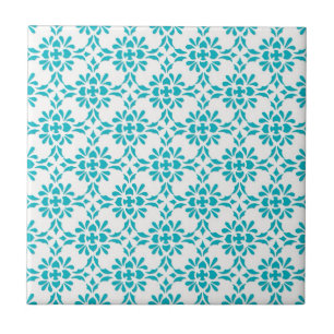 Aqua over White Damask Style Pattern Ceramic Tile