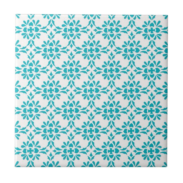 Aqua over White Damask Style Pattern Ceramic Tile (Front)
