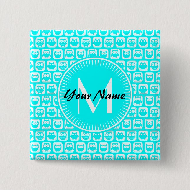 Aqua Owl Pattern Custom Monogram Personalised Name 15 Cm Square Badge (Front)