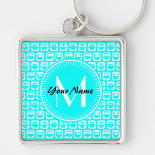 Aqua Owl Pattern Custom Monogram Personalised Name Key Ring