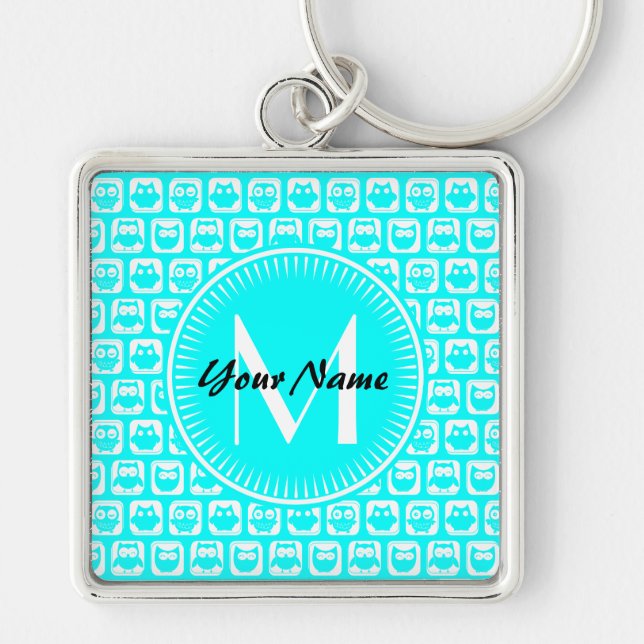 Aqua Owl Pattern Custom Monogram Personalised Name Key Ring (Front)