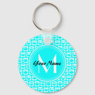 Aqua Owl Pattern Custom Monogram Personalised Name Key Ring