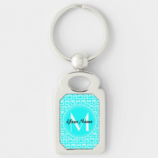 Aqua Owl Pattern Custom Monogram Personalised Name Key Ring (Front)