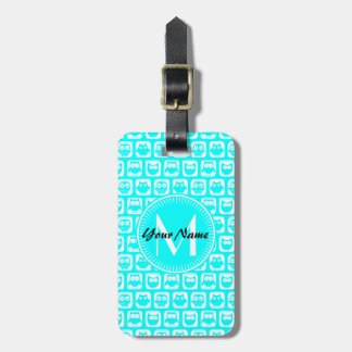 Aqua Owl Pattern Custom Monogram Personalised Name Luggage Tag