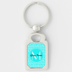 Aqua Owl Pattern Custom Monogram Personalized Name Key Ring