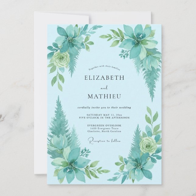 Aqua Painted Foliage Wedding Invitation (Front)