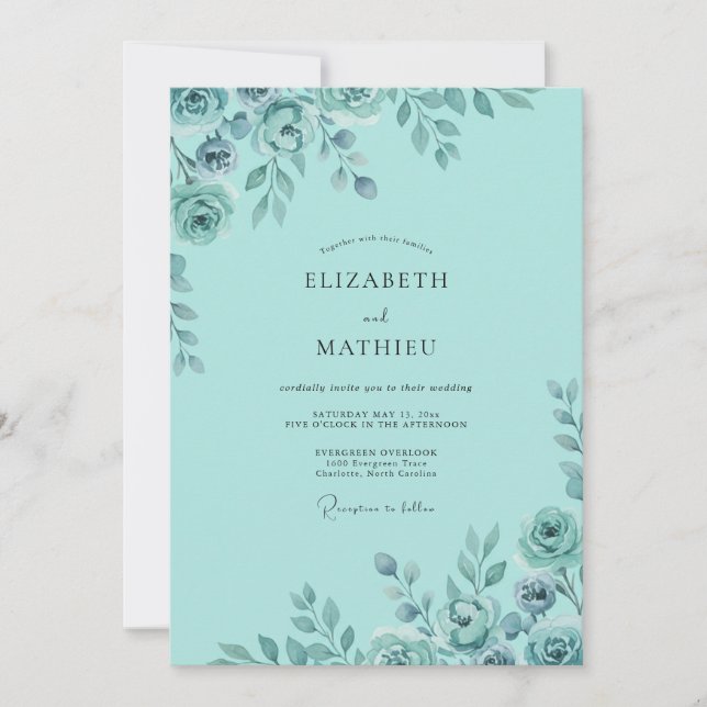 Aqua Painted Peony Wedding Invitation (Front)