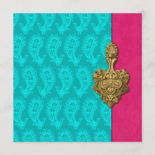 Aqua Paisley Peacock Indian Wedding Invitation