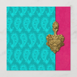Aqua Paisley Peacock Indian Wedding Invitation
