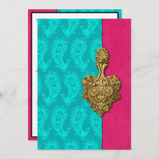 Aqua Paisley Peacocks Indian Wedding Invitation