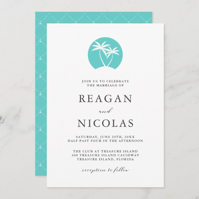 Aqua Palm Tree Logo Tropical Beach Wedding Invitation (Front/Back)