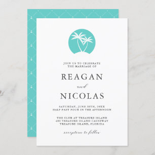 Aqua Palm Tree Logo Tropical Beach Wedding Invitation