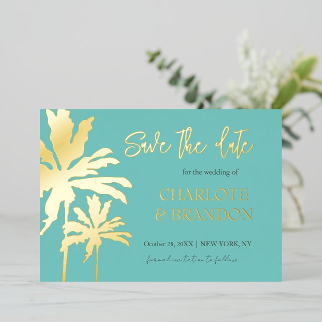 Aqua Palm Trees Beach Wedding Save The Date Gold   (Standing Front)
