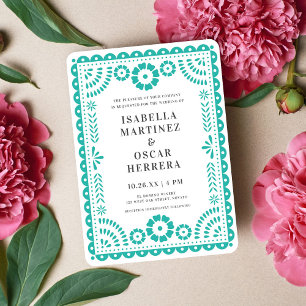 Aqua Papel Picado Inspired Wedding Invitation