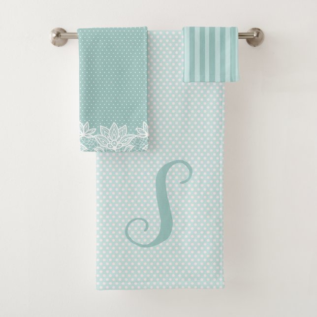 Aqua Patterns and Monogram Bath Towel Set (Insitu)