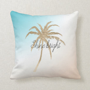 Aqua Peach Gold Tropical Palm Tree Cushion