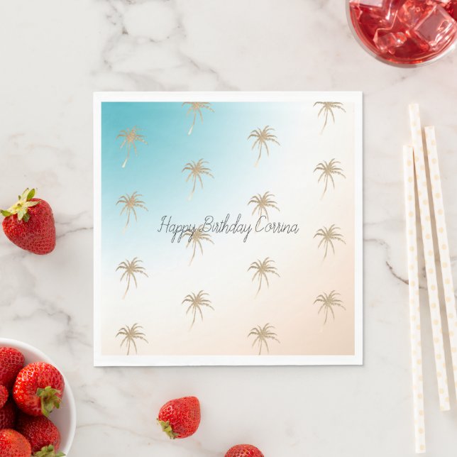 Aqua Peach Gold Tropical Palm Tree      Napkin (Insitu)