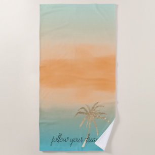 Aqua Peach Gold Tropical Palm Tree Ombre       Beach Towel