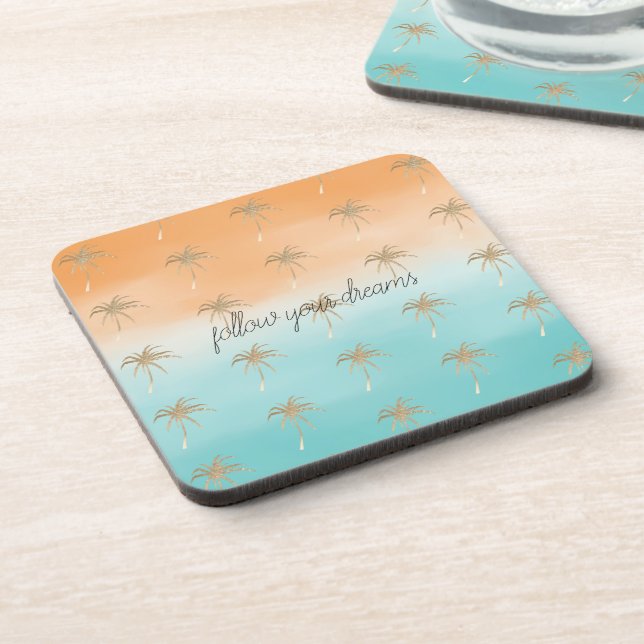 Aqua Peach Gold Tropical Palm Trees Ombre     Coaster (Left Side)