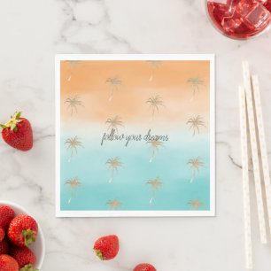 Aqua Peach Gold Tropical Palm Trees Ombre       Napkin