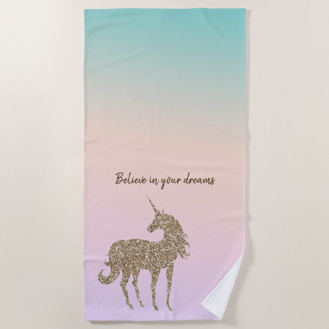 Aqua Peach Purple Pink Tie Dye Glitter Unicorn Beach Towel (Front)
