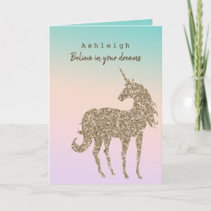 Aqua Peach Purple Pink Tie Dye Glitter Unicorn Card