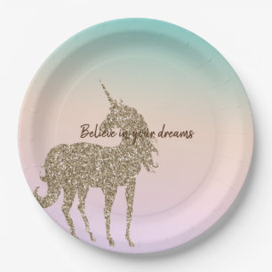 Aqua Peach Purple Pink Tie Dye Unicorn Paper Plate
