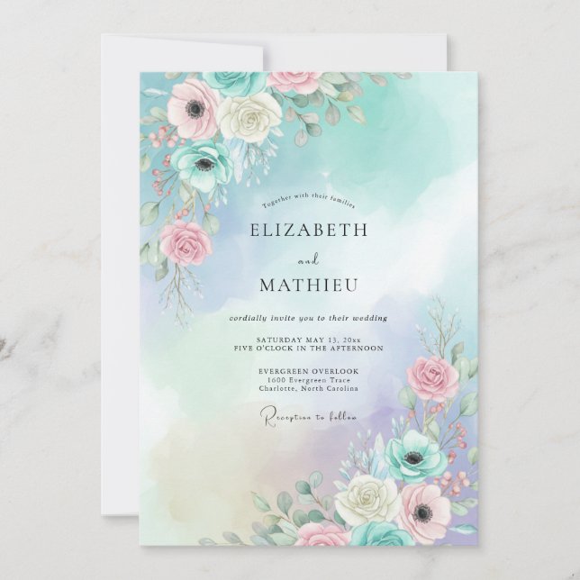 Aqua Peach Ranunculus Eucalyptus Wedding Invitation (Front)