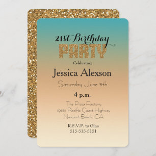 Aqua Peach Sunset Ombre Gold Glitter Invitation