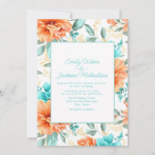 Aqua Peach Watercolor Floral Wedding Invitation