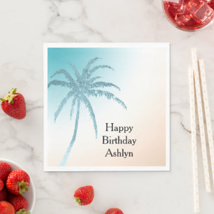  Aqua Peach White Palm Tree Birthday Napkin