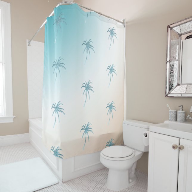  Aqua Peach White Palm Tree Gold Dream           Shower Curtain (In Situ)