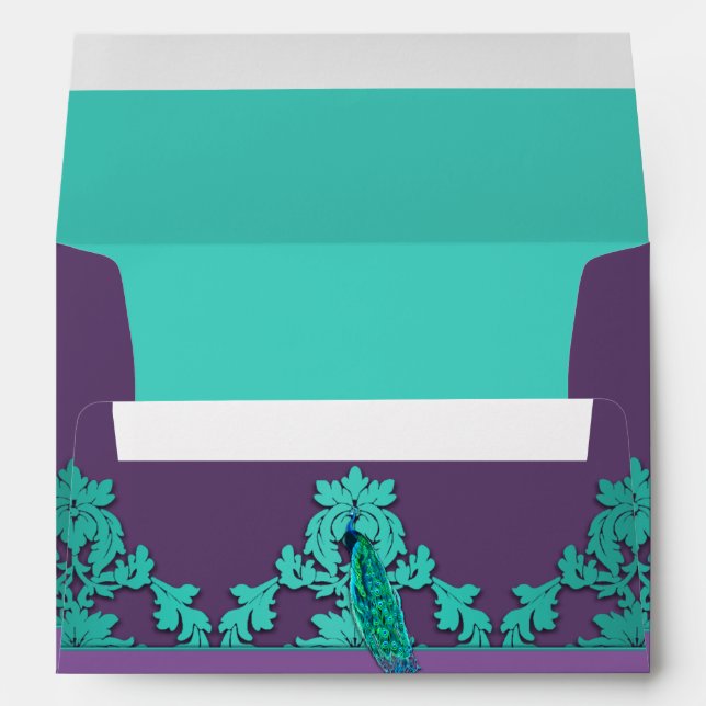 Aqua Peacock & Purple Damask Wedding Envelopes (Back (Bottom))